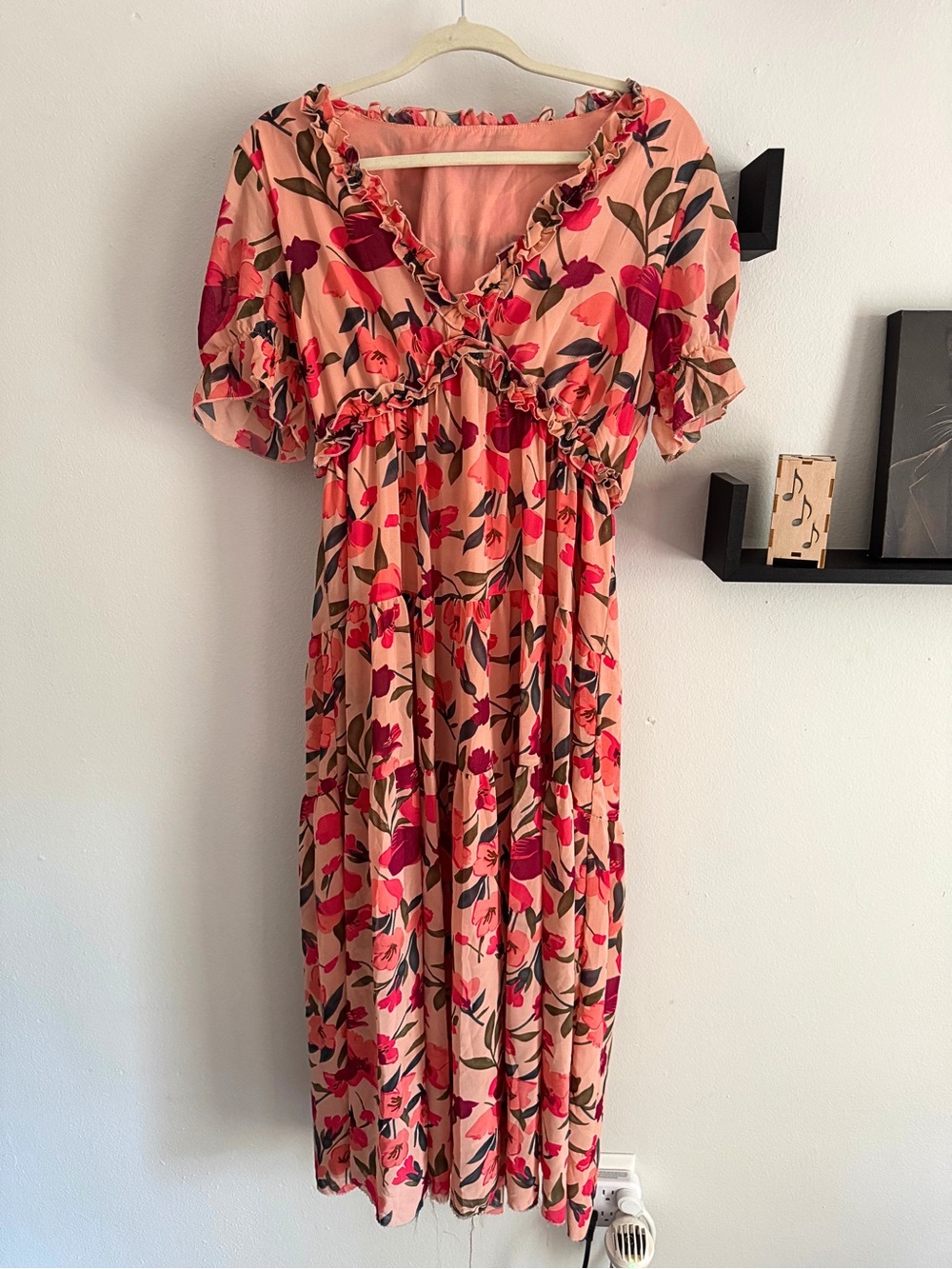 Peach and Red Floral Ruffle Tiered Midi Dress Puff Sleeve